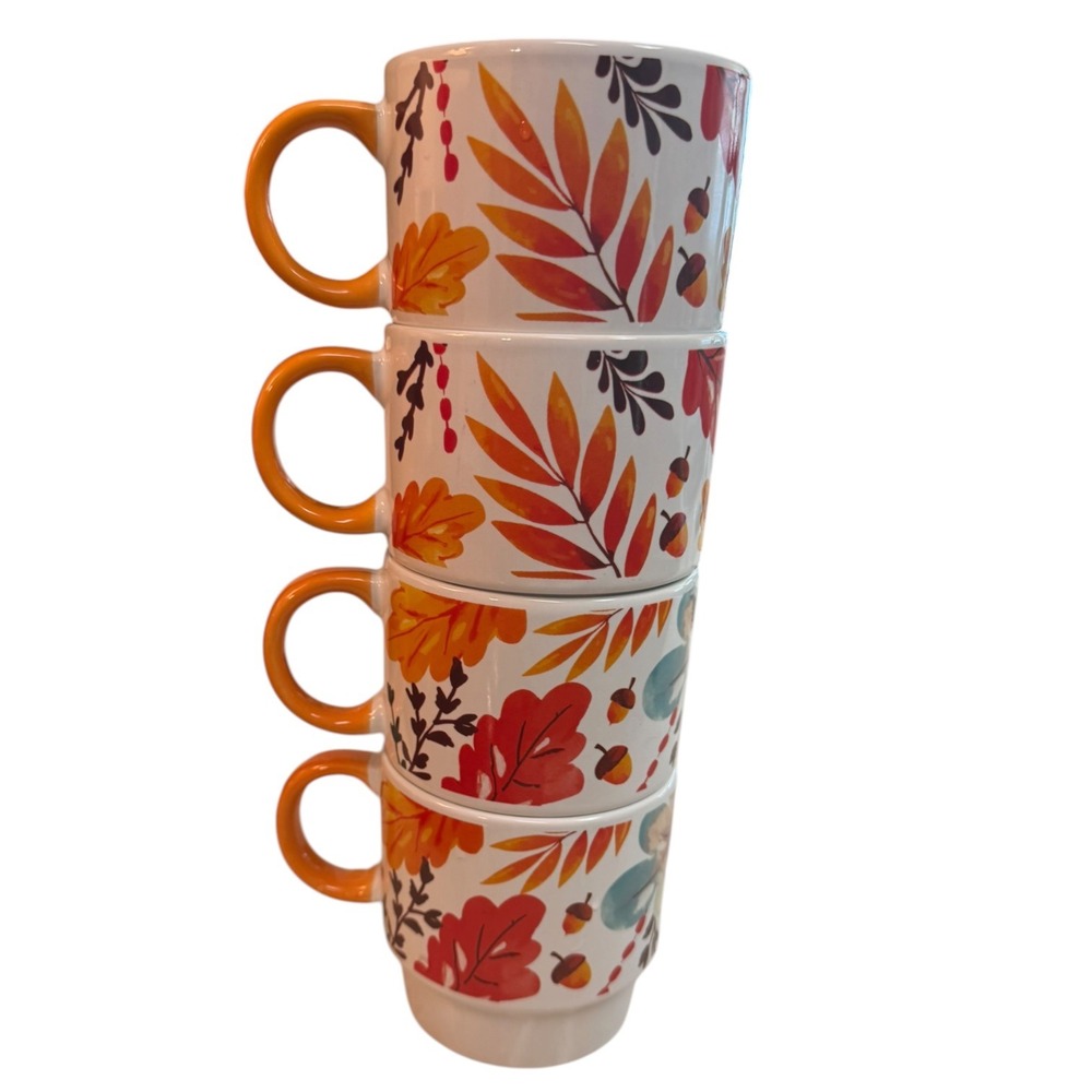 Fall Autumn Stacking Mugs Set of 4 Orange Floral Leaf Acorn Ceramic Cups 18oz